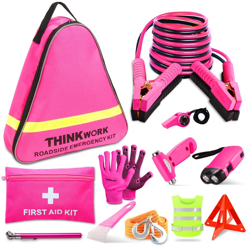 THINKWORK Car Emergency Kit for Teen Girl and Lady's Gifts, Pink Emergency Roadside Assistance kit with 10FT Jumper, First Aid Kit, Safety Hammer, Tow Rope, and More Ideal Pink Car Accessories Tool - Image 1